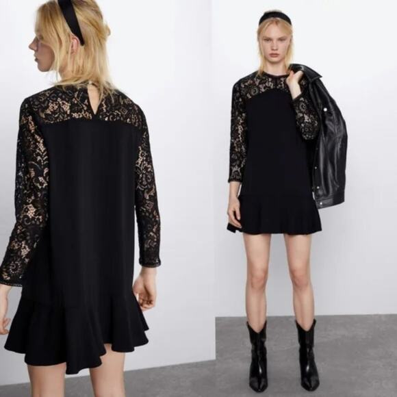 Zara Dresses & Skirts - NWT Zara Black Long Sleeve Lace Mini Dress Wednesday Addams Black Lace Dress XS